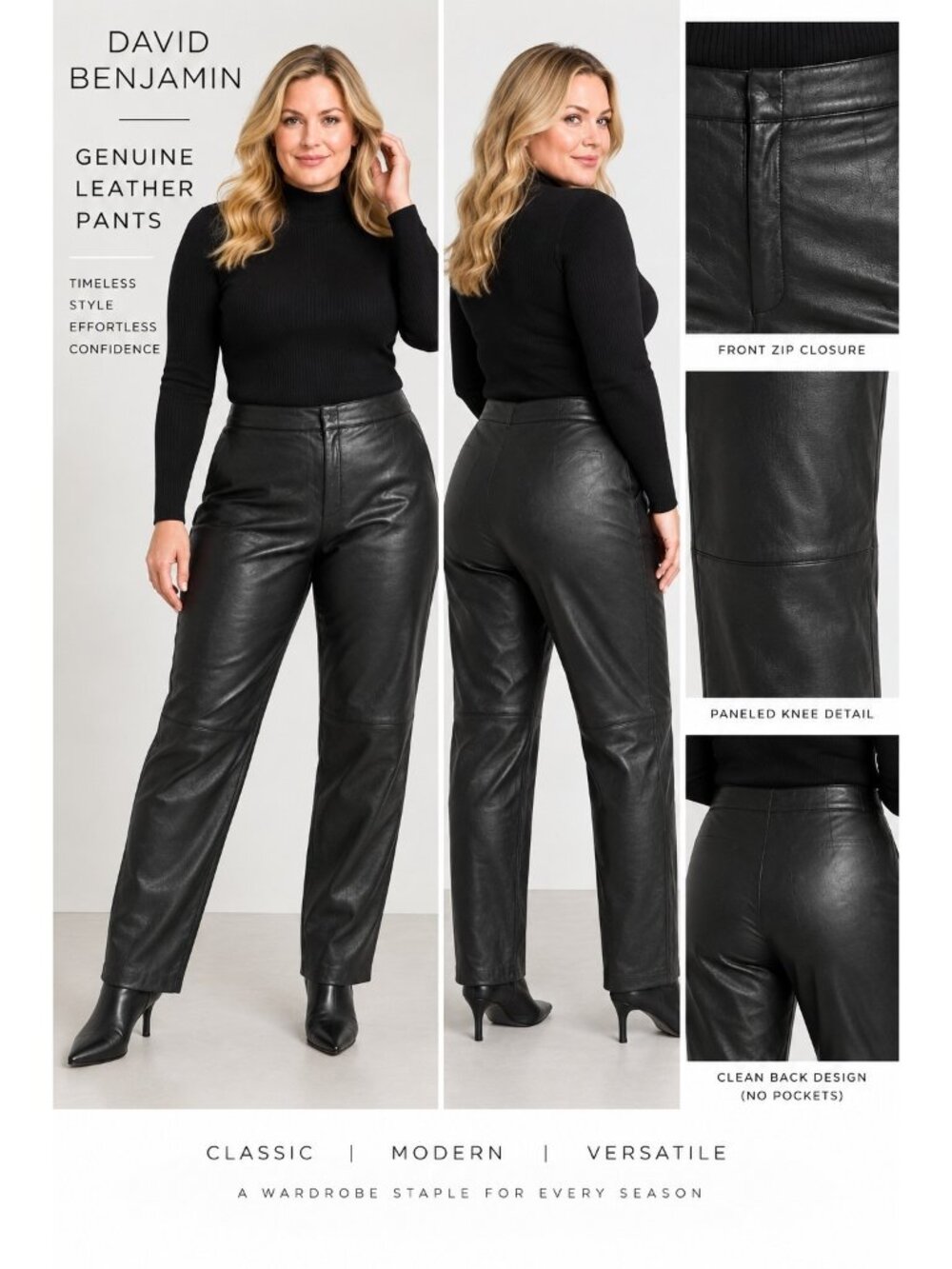 David Benjamin Women's Black Leather Flat Front Pants Size 12 Inseam 30 Flawed